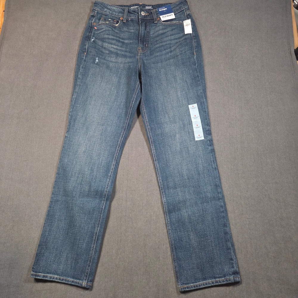 Old Navy Straight Jeans Womens 6 Blue Extra High Rise Secret Smooth Distressed